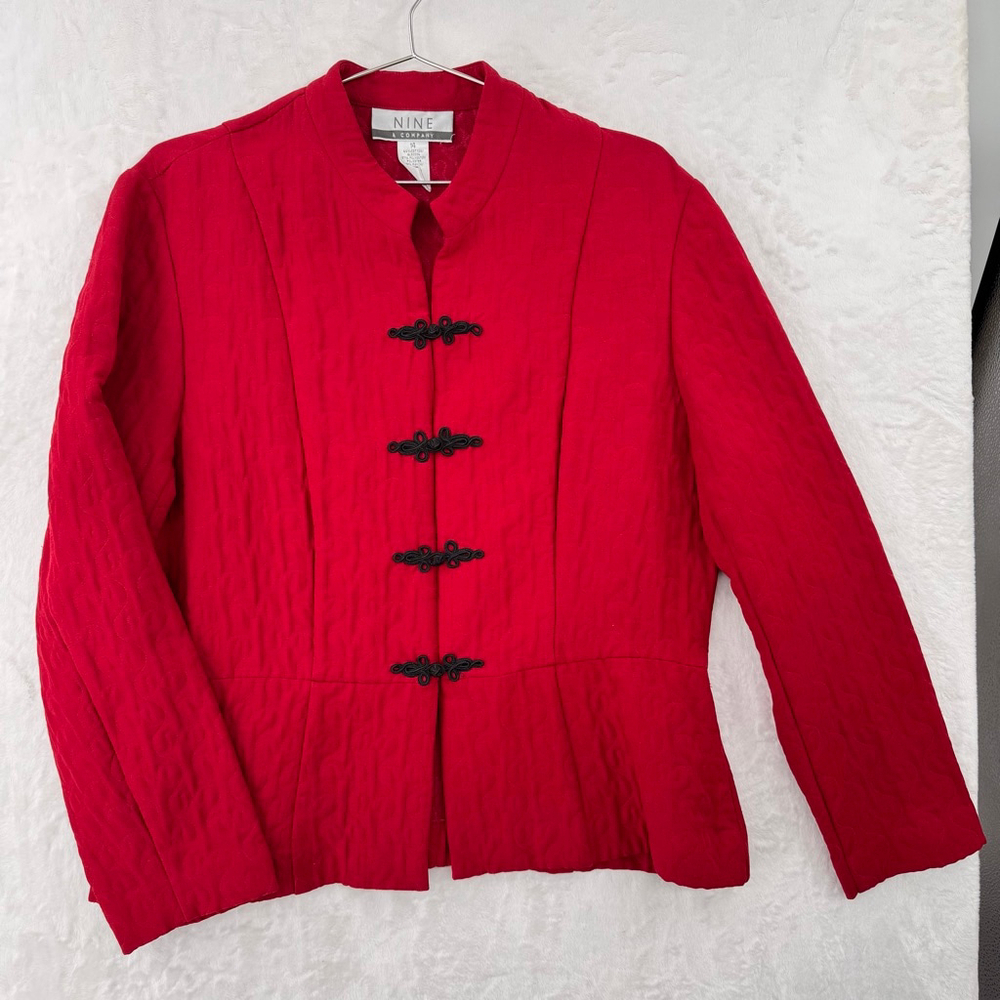 Nine & Co. Red Quilted Peplum Jacket Toggle Appliqué Buttons Mandarin Collar Vtg